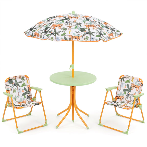 Kids Outdoor Table and Chair Set with 2 Folding Chairs and Height Adjustable Umbrella