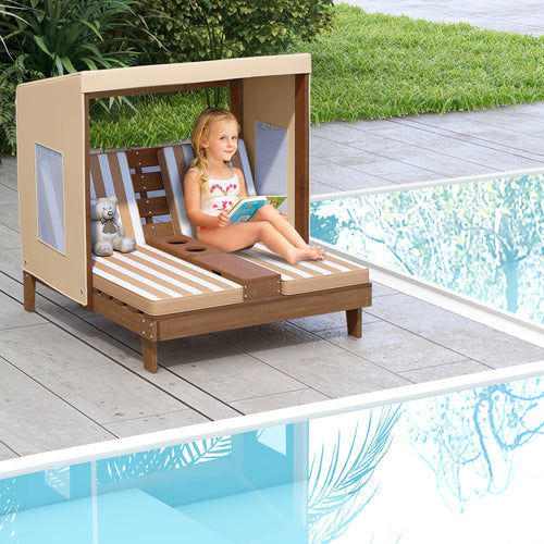 Kids patio lounge chair with cup holders and awning, perfect for outdoor play. Angle 17 view.