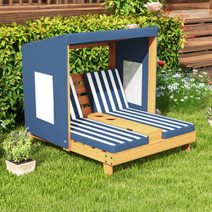 Kids patio lounge chair with cup holders and awning, perfect for outdoor play. Angle view showcasing design and features.
