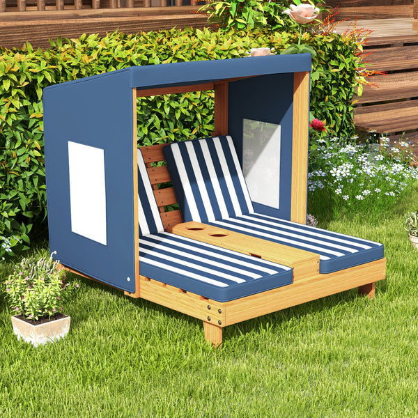 Kids patio lounge chair with cup holders and awning, perfect for outdoor play. Angle view showcasing design and features.