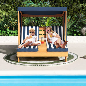 Kids patio lounge chair with cup holders and awning, perfect for outdoor play and relaxation. Angle view.