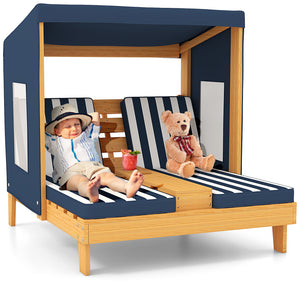 Kids patio lounge chair with cup holders and awning, perfect for outdoor play and relaxation. Angle 12 view.