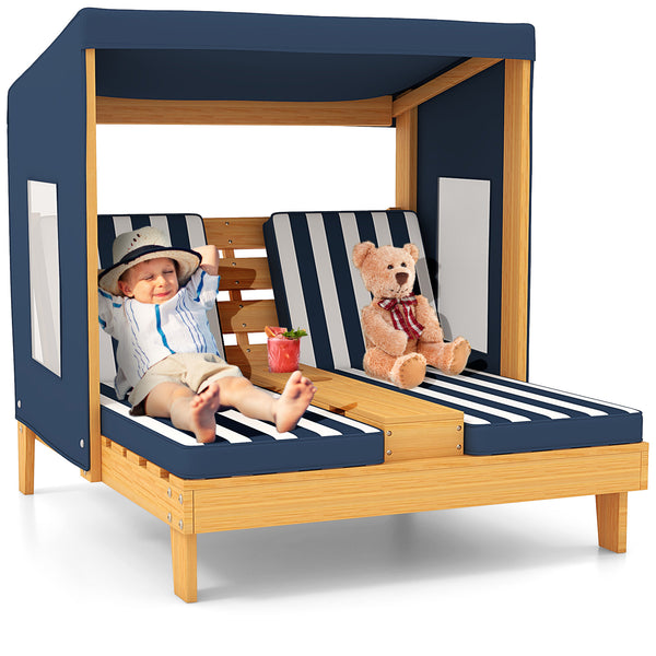 Kids patio lounge chair with cup holders and awning, perfect for outdoor play and relaxation. Angle 12 view.