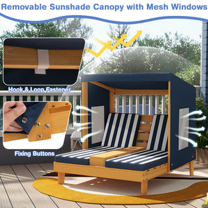Kids patio lounge chair with cup holders and awning, perfect for outdoor play and relaxation. Angle view.