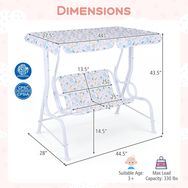 Kids Patio Swing 2-Seater Outdoor Porch Swing Lounge Chair with Adjustable Canopy