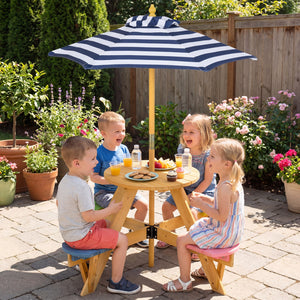 Kids Picnic Table with Stools and Foldable Adjustable Umbrella for Backyard and Patio-Blue