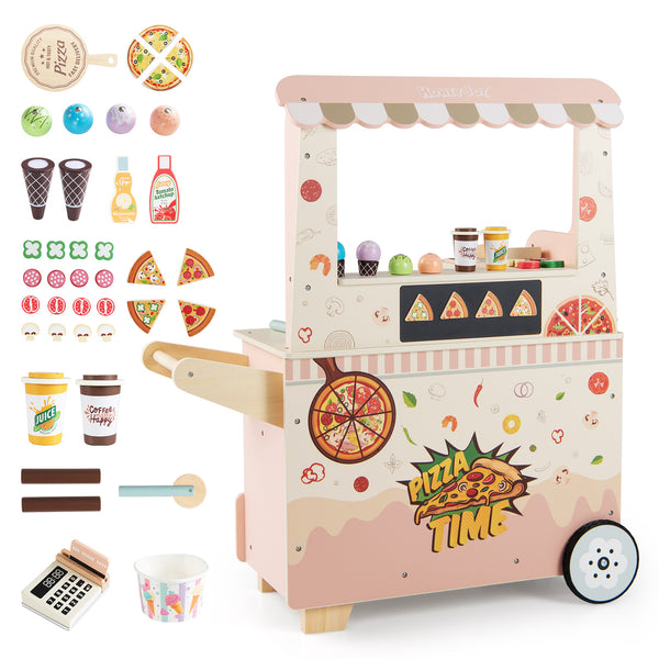 Kids Pizza Food Truck Wooden Pretend Play Snack Cart with Oven-Pink