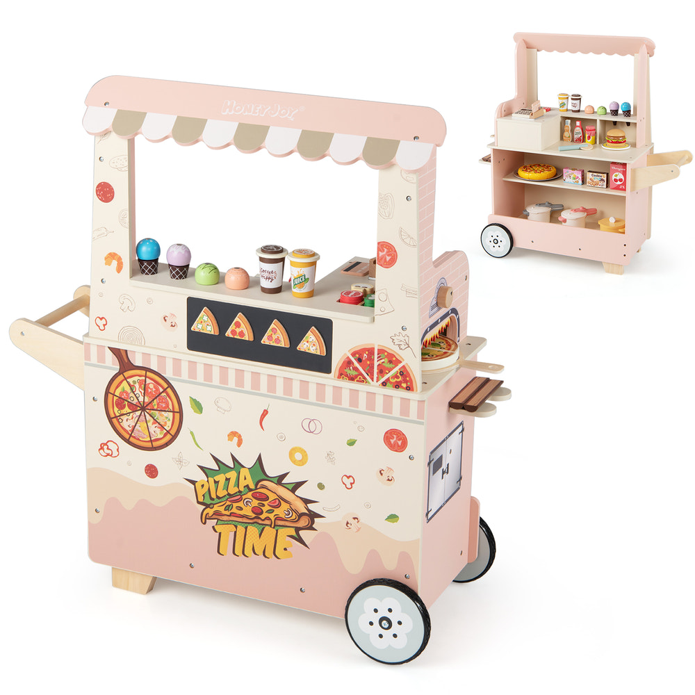 Kids Pizza Food Truck Wooden Pretend Play Snack Cart with Oven