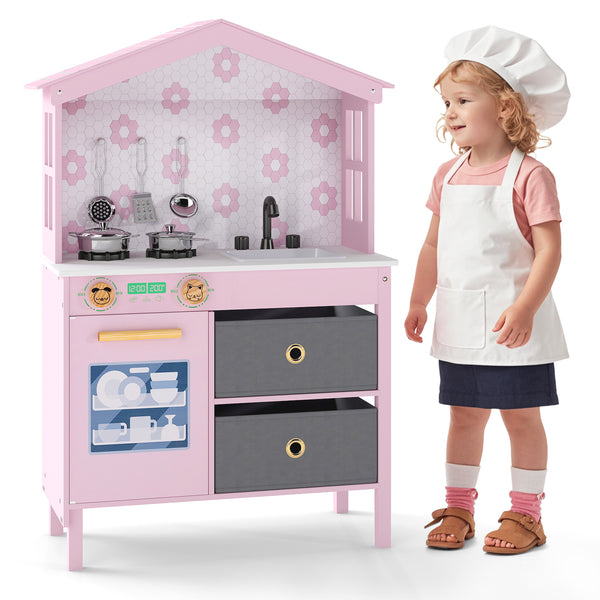 Kids Play Kitchen Children Toy Kitchen Playset with 2 Stoves and Rotation Knobs