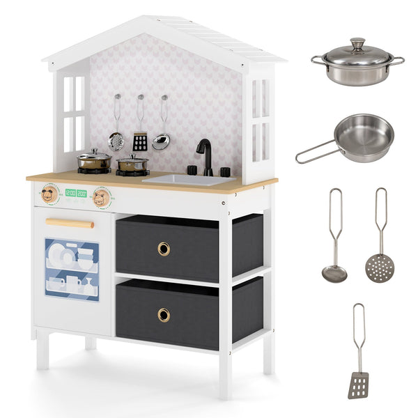Kids Play Kitchen Children Toy Kitchen Playset with 2 Stoves and Rotation Knobs