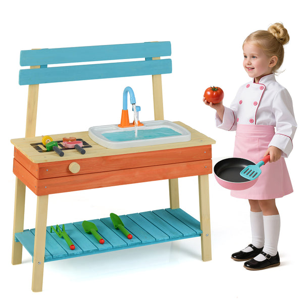 Kids Play Kitchen Set  Wooden Kitchen Playset Chef Pretend Mud Kitchen