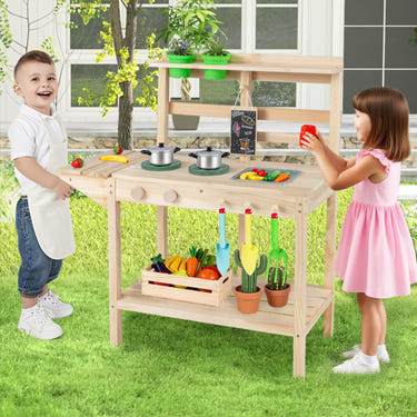 Kids Play Kitchen Set Wooden Kitchen Playset with Stoves for Boys Girls 3+-Natural