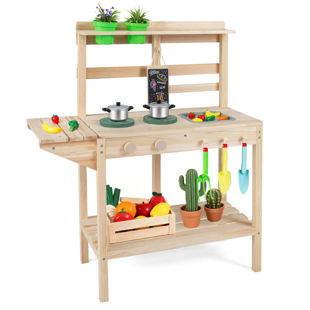 Kids Play Kitchen Set Wooden Kitchen Playset with Stoves for Boys Girls 3+-Natural