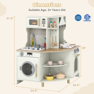 Kids Play Kitchen Wooden Corner Kitchen Playset with Working Faucet and Sink