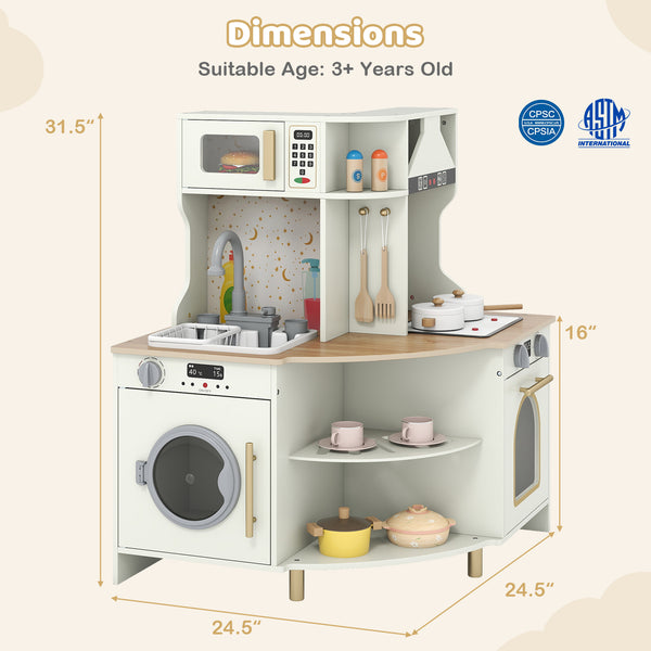 Kids Play Kitchen Wooden Corner Kitchen Playset with Working Faucet and Sink