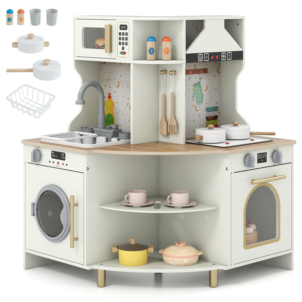 Kids Play Kitchen Wooden Corner Kitchen Playset with Working Faucet and Sink