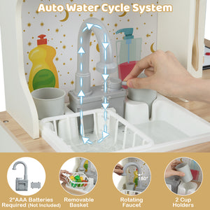 Kids Play Kitchen Wooden Corner Kitchen Playset with Working Faucet and Sink