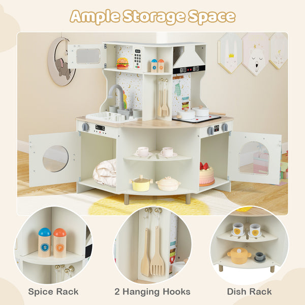 Kids Play Kitchen Wooden Corner Kitchen Playset with Working Faucet and Sink