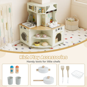 Kids Play Kitchen Wooden Corner Kitchen Playset with Working Faucet and Sink