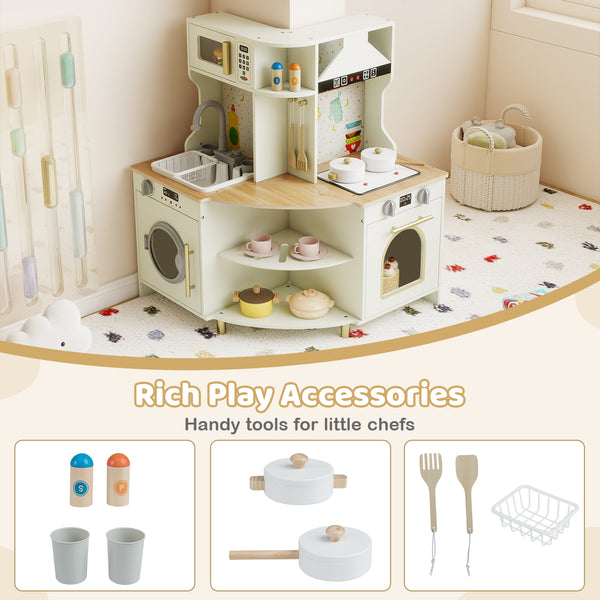 Kids Play Kitchen Wooden Corner Kitchen Playset with Working Faucet and Sink