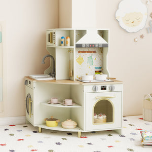 Kids Play Kitchen Wooden Corner Kitchen Playset with Working Faucet and Sink
