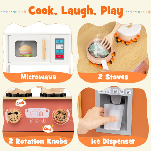 Kids Play Kitchen with Microwave and Rotation Knobs for Girls Boys Aged 3-6