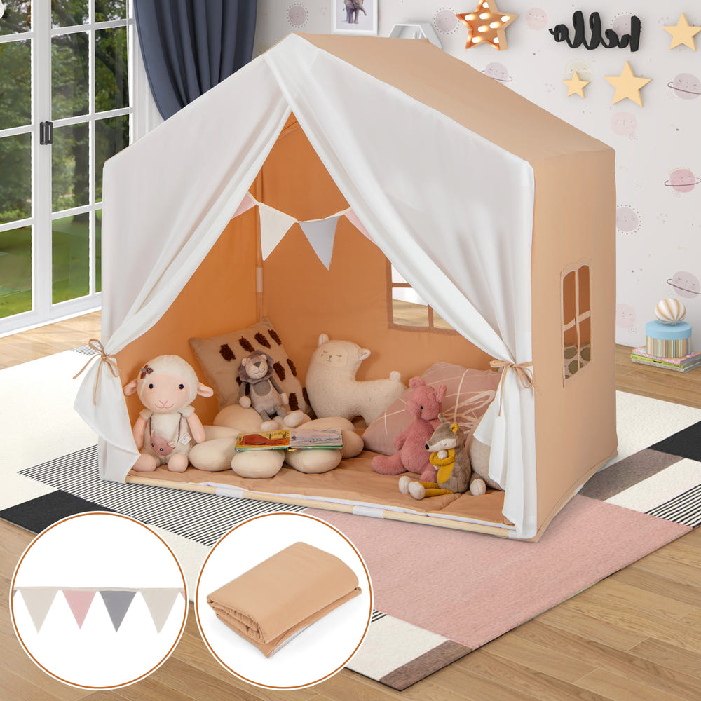 Kid's Play Tent with Washable Cotton Mat and Flag Banner for Kids