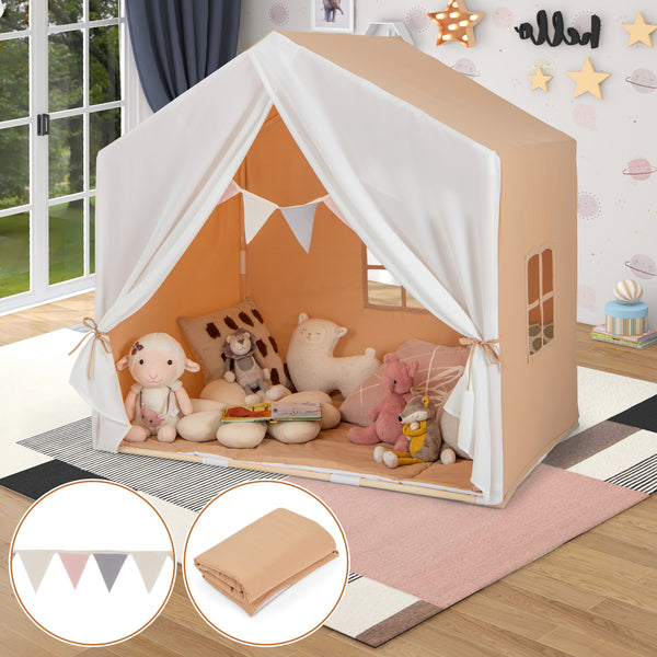 Kid's Play Tent with Washable Cotton Mat and Flag Banner for Kids