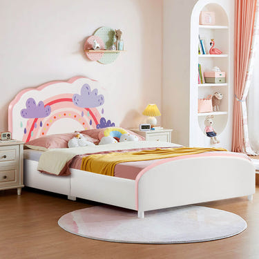 Kids twin size upholstered wooden bed with rainbow pattern, perfect for stylish and cozy sleep.