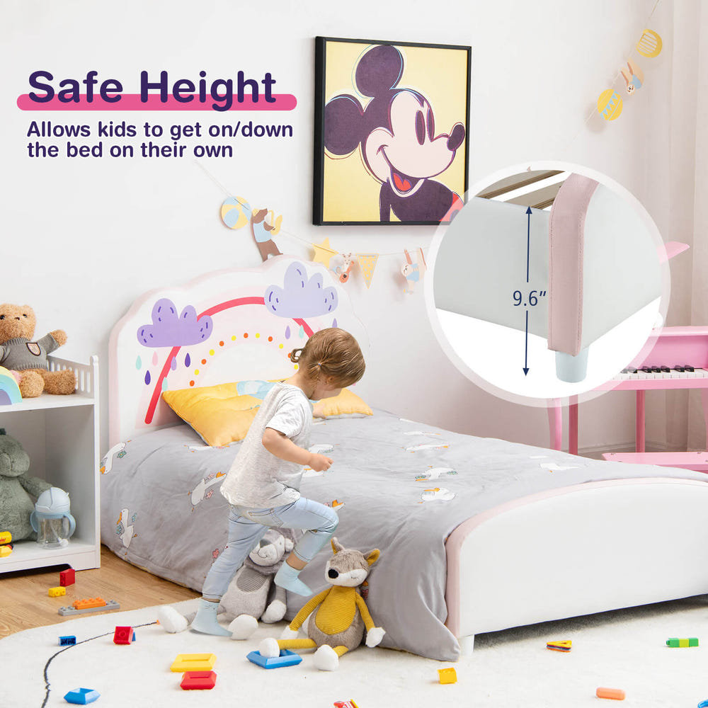Kids twin size upholstered wooden bed with rainbow pattern, perfect for stylish and cozy sleep.