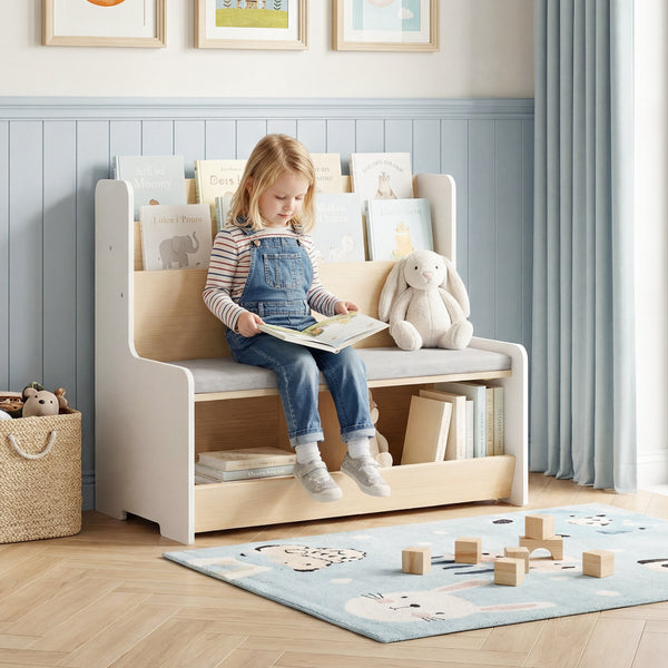 Kids Reading Nook with Bench Bookshelf and 2 Cubbies - Multi-Tier