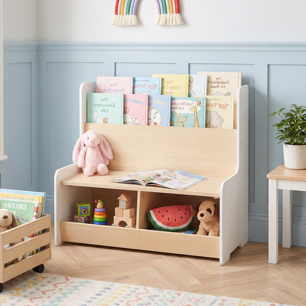 Kids Reading Nook with Bench Bookshelf and 2 Cubbies - Multi-Tier