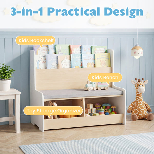 Kids Reading Nook with Bench Bookshelf and 2 Cubbies - Multi-Tier