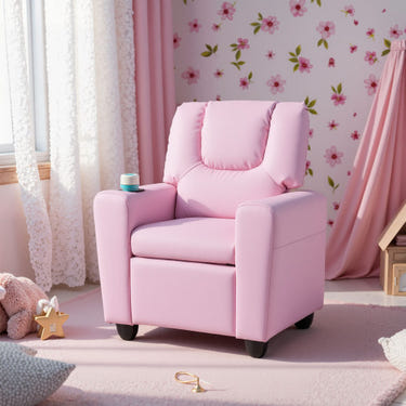 Pink toddler recliner chair with cup holder, perfect for kids' seating and relaxation.