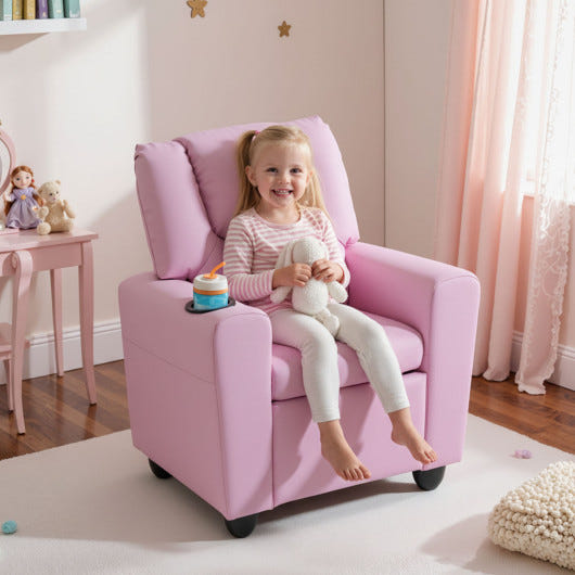 Pink toddler recliner chair with cup holder, perfect for kids' seating and relaxation.