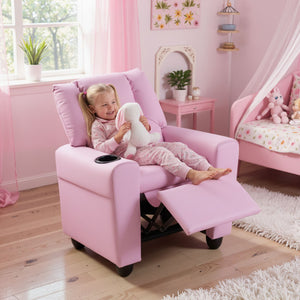 Kids Recliner Chair Push Back Toddler Reclining Armchair with Cup Holder-Pink
