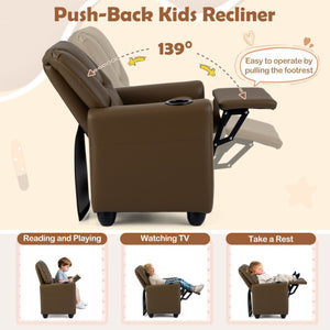 Kids Recliner Chair Push Back Toddler Reclining Armchair with Cup Holder-Brown