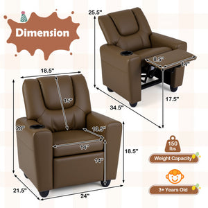 Kids Recliner Chair Push Back Toddler Reclining Armchair with Cup Holder-Brown