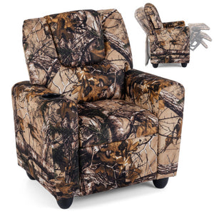 Kids camouflage recliner chair for toddlers with cup holder, angled view showcasing comfort and style.