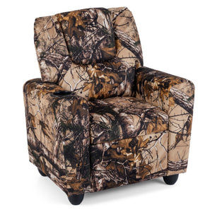 Kids camouflage recliner chair for toddlers with cup holder, perfect for playtime and relaxation.