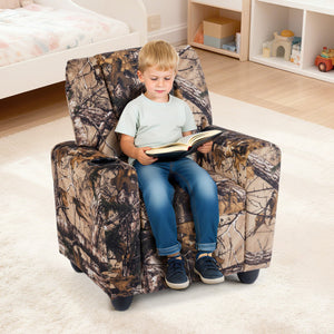 Kids camouflage recliner chair for toddlers with cup holder, perfect for playtime and relaxation.