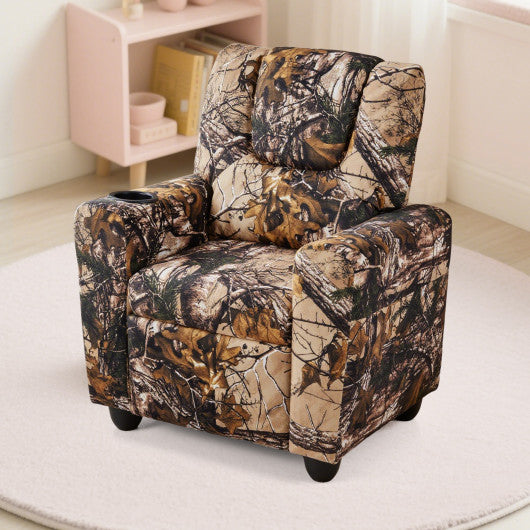 Kids camouflage recliner chair for toddlers with cup holder, angled view showcasing comfort and style.