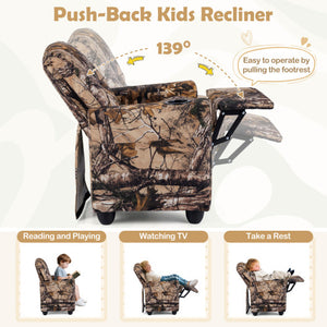 Kids camouflage recliner chair for toddlers with cup holder, perfect for playtime and relaxation.
