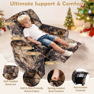 Kids camouflage recliner chair for toddlers with cup holder, angled view showcasing comfort and style.