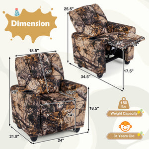 Kids camouflage recliner chair for toddlers with cup holder, perfect for playtime and relaxation. Angle 5 view.