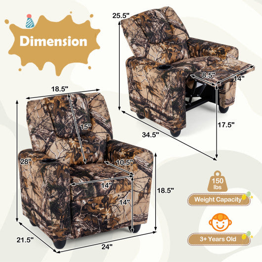 Kids camouflage recliner chair for toddlers with cup holder, perfect for playtime and relaxation. Angle 5 view.