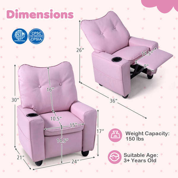 Kids Recliner with Cup Holder Armrests and Adjustable Backrest for Playroom