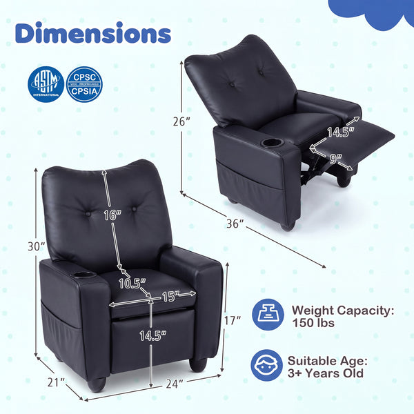 Kids Recliner with Cup Holder Armrests and Adjustable Backrest for Playroom