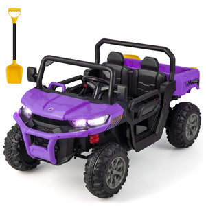 12V 2-seater kids ride-on dump truck with dump bed and shovel, perfect for outdoor play and adventure.