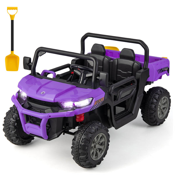 12V 2-seater kids ride-on dump truck with dump bed and shovel, perfect for outdoor play and adventure.
